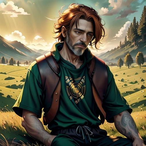 a man sitting in a field with a mountain in the background and a sky with clouds above him, with a sun shining through the clouds