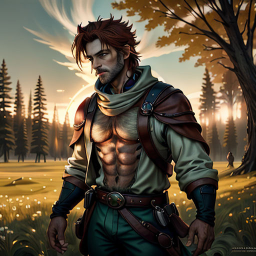 a man in a costume standing in a field with trees in the background and a sky in the background