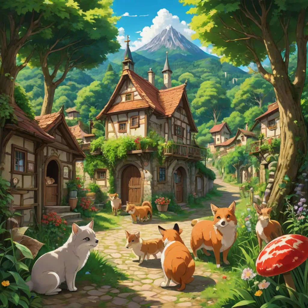 a painting of a village with foxes and a mushroom in the foreground and a mountain in the background, fantasy art, a detailed matte painting, Chris LaBrooy, official art