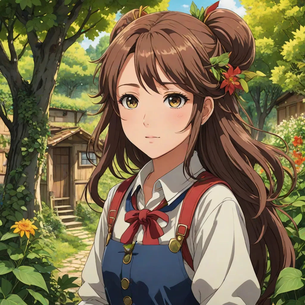a girl with long hair and a bow in her hair standing in front of a tree and flowers in a garden, sots art, a character portrait, Chizuko Yoshida, official art