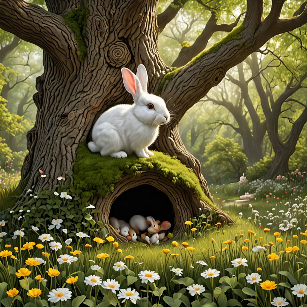 a painting of a rabbit sitting in a hole in a tree with eggs in it and daisies in the grass, magical realism, a storybook illustration, Beatrix Potter, highly detailed digital painting