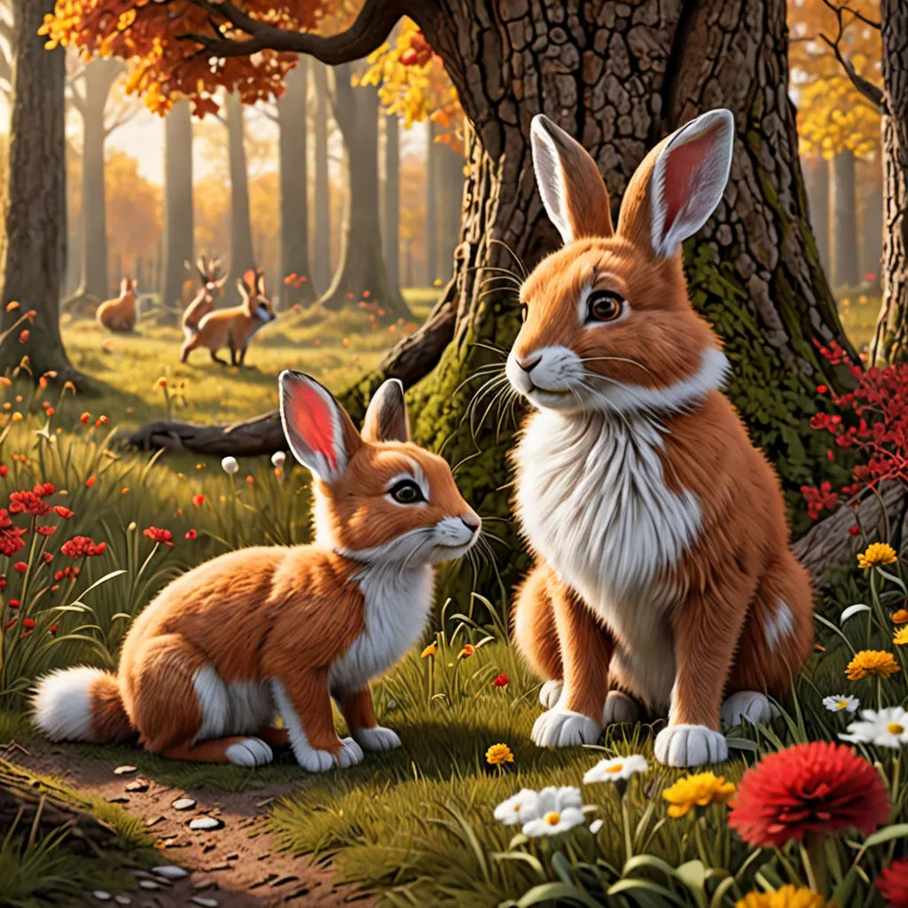 a painting of two rabbits in a forest with flowers and trees in the background, one of them is looking at the camera, furry art, a digital painting, Chris LaBrooy, highly detailed digital painting