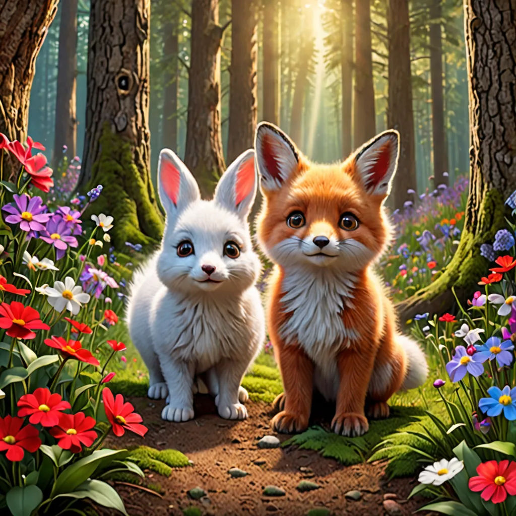 two little foxes sitting in the middle of a forest with flowers and butterflies around them, with the sun shining through the trees, furry art, a digital rendering, Chris LaBrooy, official art