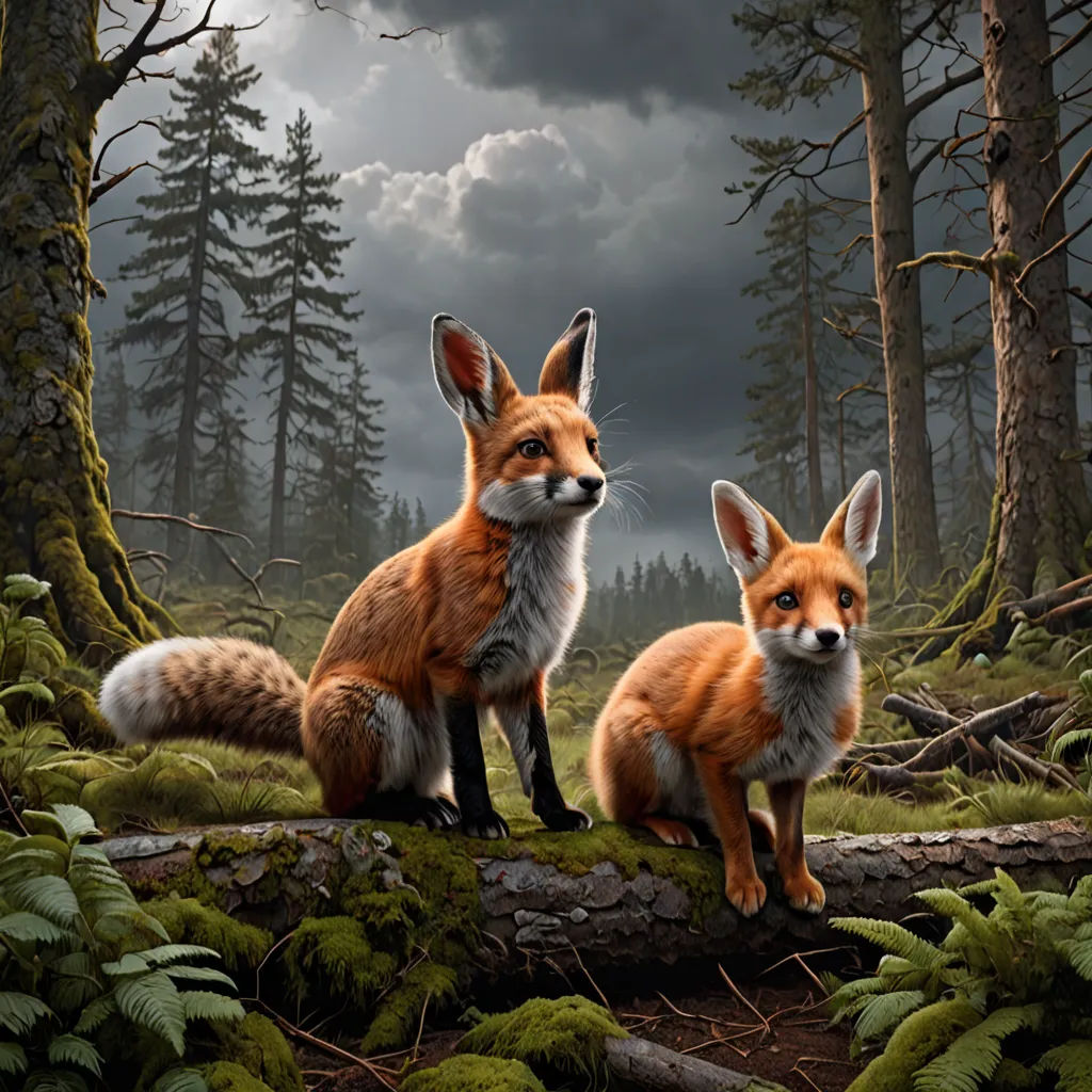 two foxes standing on a log in a forest with dark clouds overhead and a fallen tree trunk in the foreground, furry art, an airbrush painting, Chris LaBrooy, highly detailed digital painting