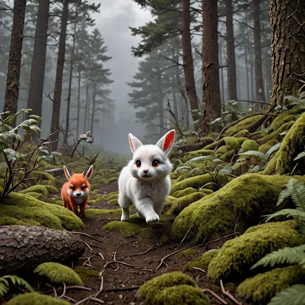 a couple of animals that are walking in the woods together in the grass and trees with moss on them, furry art, a 3D render, Chris LaBrooy, unreal engine render