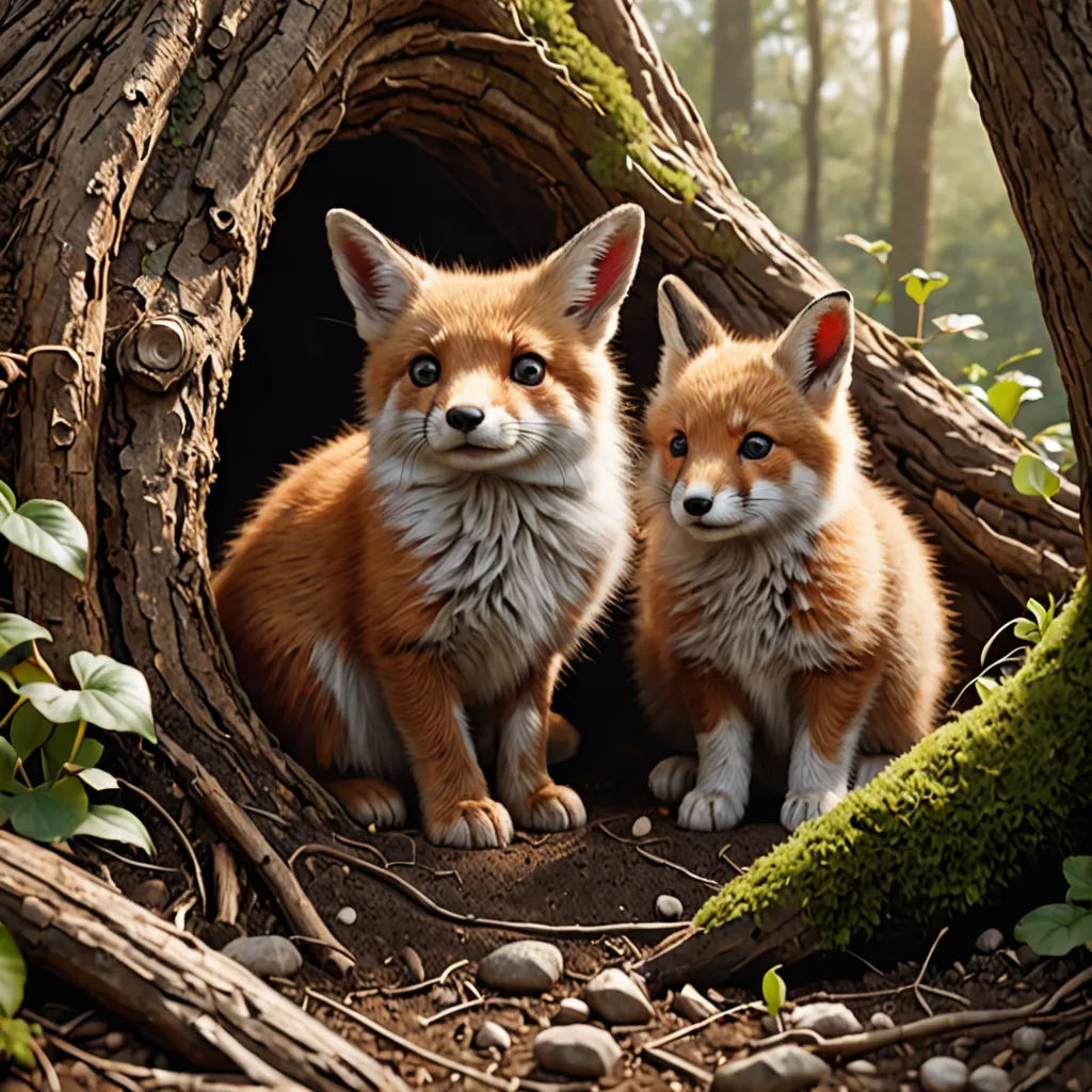 two foxes are sitting in a hollow in the woods together, looking at the camera and smiling at the camera, furry art, a storybook illustration, Elke Vogelsang, animal photography