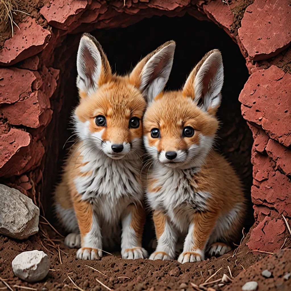 two little foxes are sitting in a hole together in the dirt and dirt ground, with rocks and grass around them, furry art, a stock photo, Arie Smit, animal photography