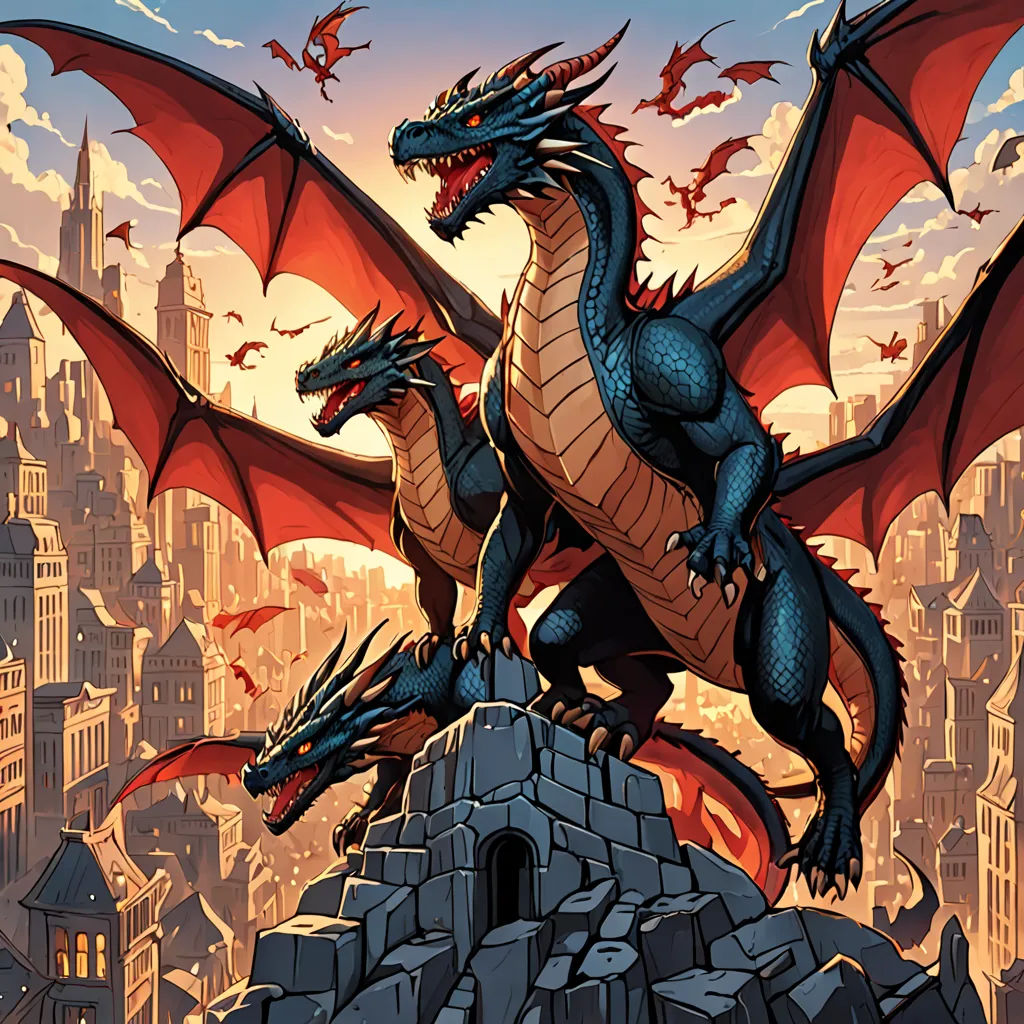 a dragon and a dragon on a castle with a city in the background and a red dragon on the top, fantasy art, a comic book panel, Dan Mumford, magic the gathering artwork