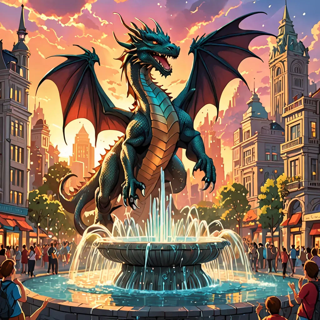 a dragon statue is in front of a fountain with people watching it and a cityscape in the background, fantasy art, a storybook illustration, Dan Mumford, rossdraws global illumination