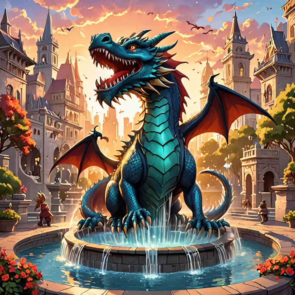 a dragon statue sitting on top of a fountain in a park with flowers and a castle in the background, fantasy art, concept art, Anne Stokes, dragon art