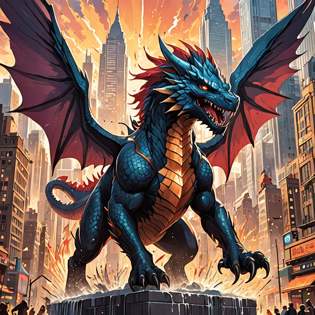 a dragon statue in a city with a sky background and a red fire coming out of it's mouth, altermodern, a comic book panel, Dan Mumford, magic the gathering artwork