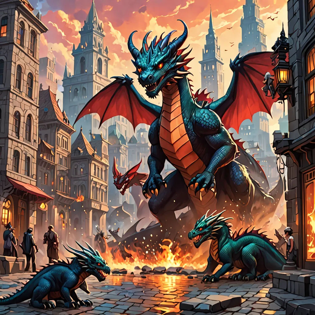 a painting of a dragon attacking a fire breathing dragon in a city street with a fire hydrant in the foreground, fantasy art, a storybook illustration, Anne Stokes, magic the gathering artwork