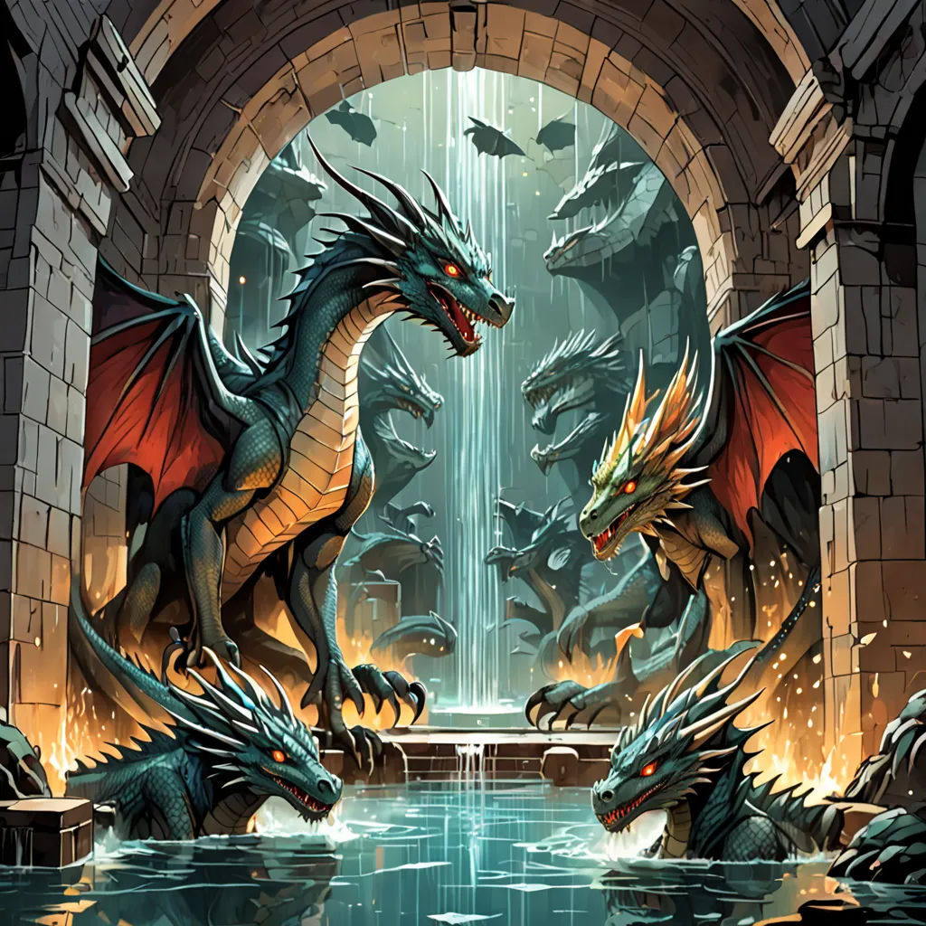 a couple of dragon standing next to each other near a waterfall in a cave with a waterfall coming out of it, fantasy art, a comic book panel, Donato Giancola, dragon art