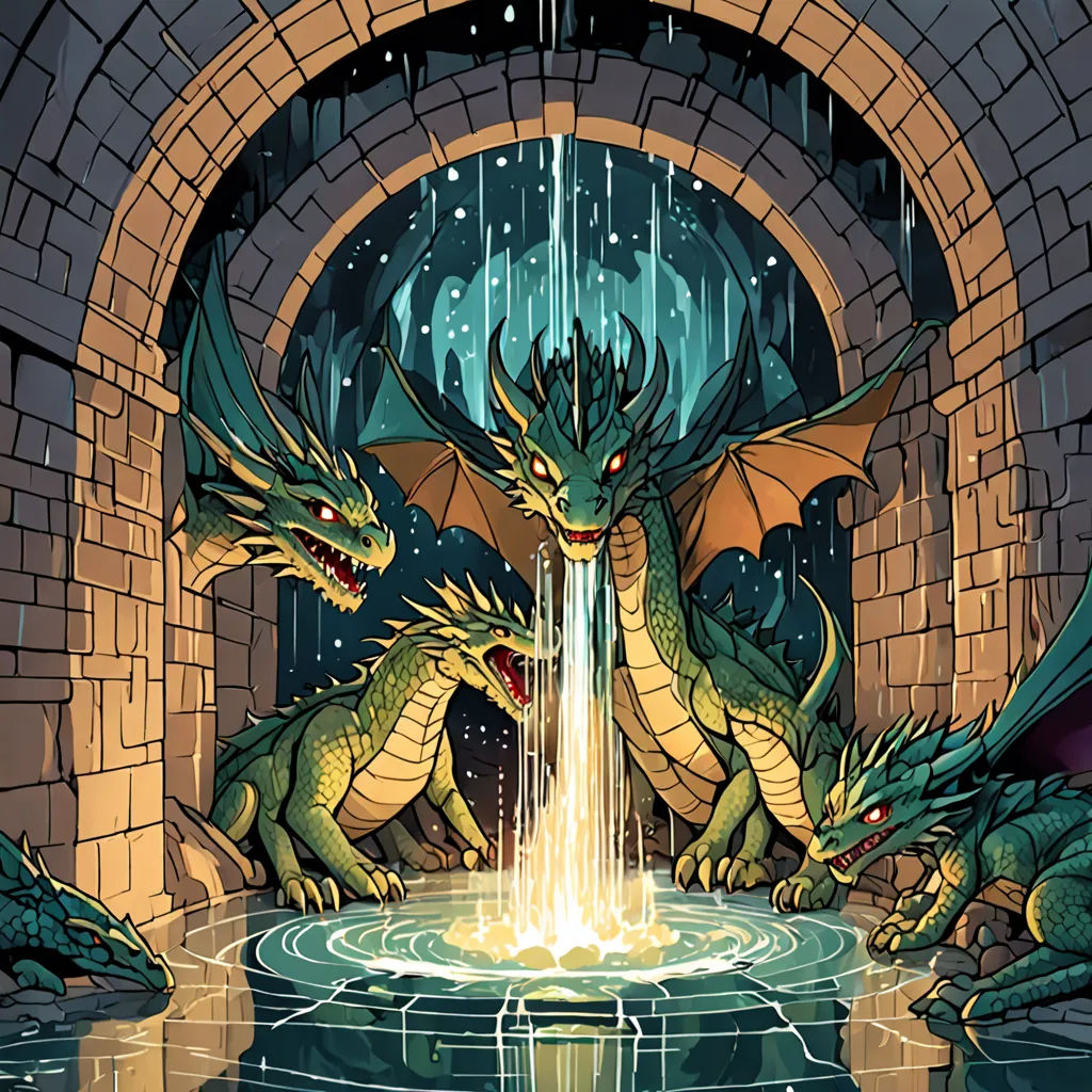 a couple of green dragon standing next to a fountain of water in a brick walled building with a fountain, fantasy art, a storybook illustration, Dan Mumford, dragon art