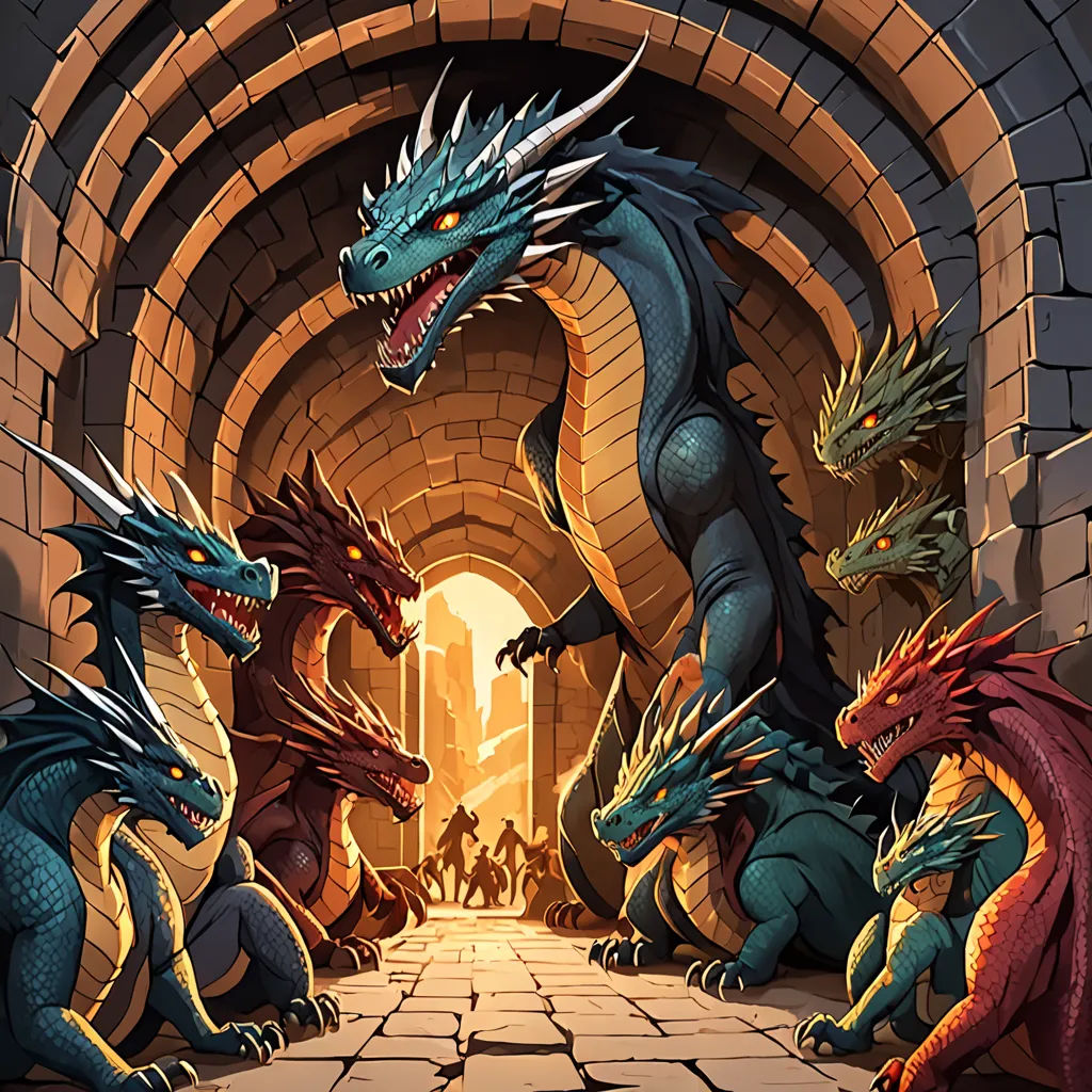 a group of dragon standing in a tunnel with a man in the background looking at them from the other side, fantasy art, a storybook illustration, Dan Mumford, dragon art