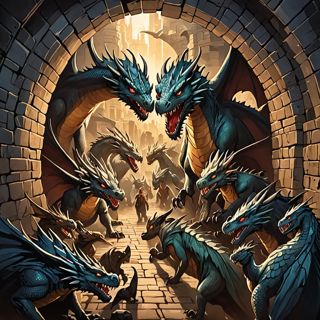 a group of dragon in a tunnel with a man in the background looking at them from the other side, fantasy art, a storybook illustration, Dan Mumford, dragon art