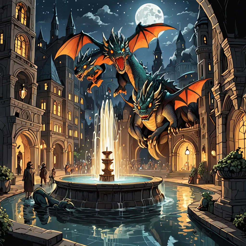 a dragon flying over a fountain in a city at night with a full moon in the background and a fountain in the foreground, fantasy art, a storybook illustration, Dan Mumford, magic the gathering artwork