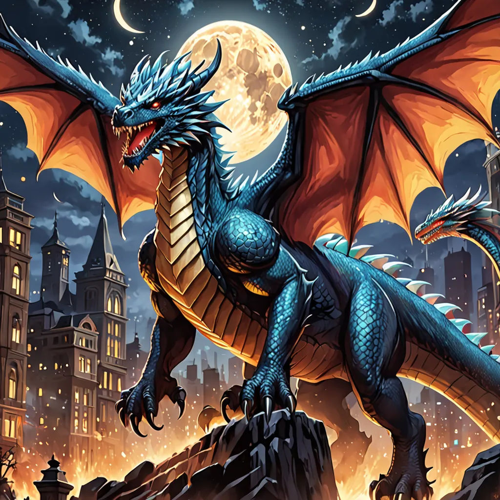 a dragon with a full moon in the background and a castle in the foreground, with a full moon in the background, fantasy art, a comic book panel, Anne Stokes, dragon art