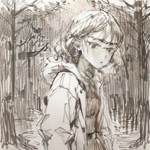 a drawing of a girl in a forest with trees and leaves in the background, with a bird flying overhead