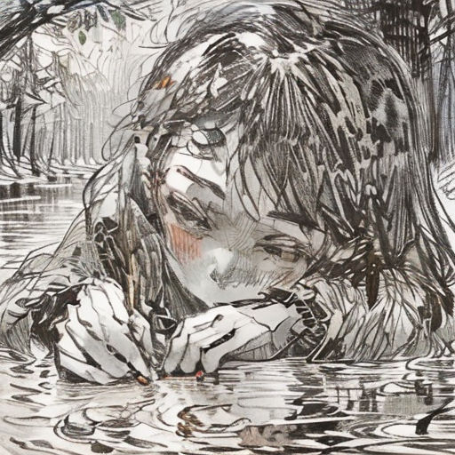 a drawing of a woman in the water with her hands on her face and her head in her hands