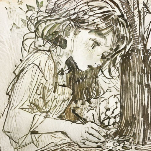 a drawing of a woman sitting next to a tree with her hands on her knees and a bird in her hand