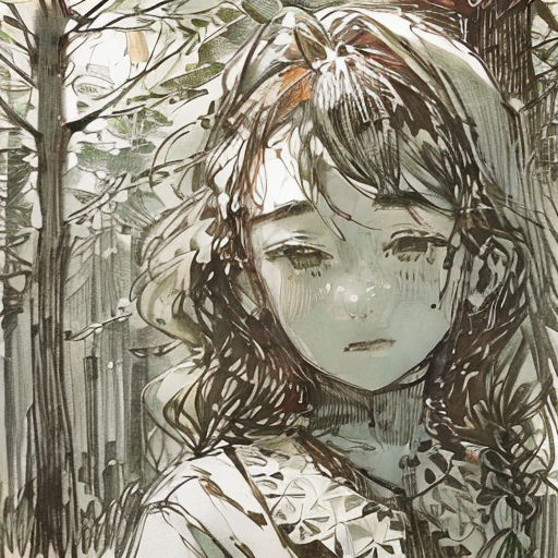 a drawing of a girl in a forest with trees and leaves on her head and shoulders, with a bird flying overhead