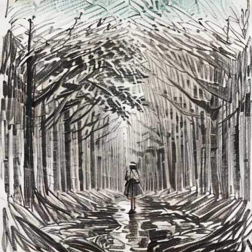 a drawing of a person walking down a path in the woods with an umbrella over their head and a forest filled with trees