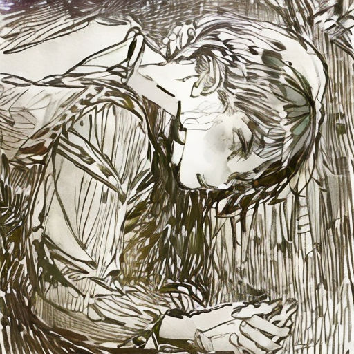 a drawing of a woman sitting in a chair with her head down and her hands on her knees, with a man standing behind her