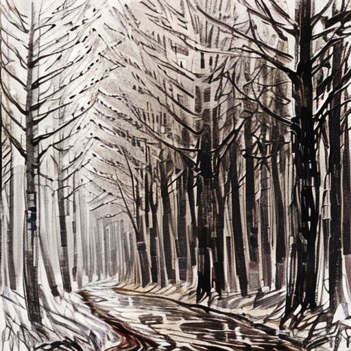 a drawing of a snowy road in the woods with trees and snow on the ground and a bench in the foreground