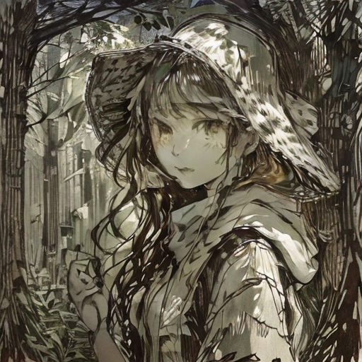 a woman with long hair standing in the woods with a hat on her head and a bird flying overhead