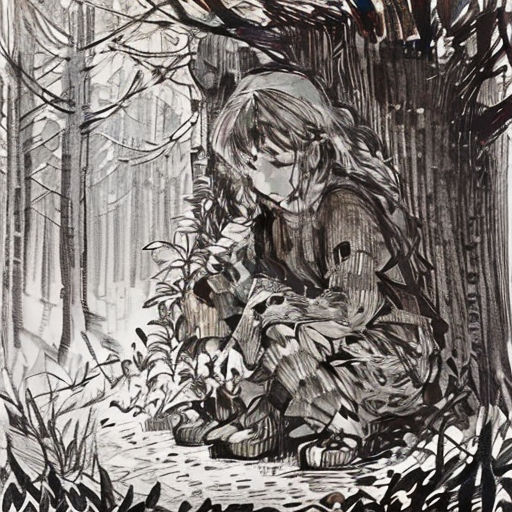 a drawing of a girl sitting in the woods with her hands on her knees and looking at a book
