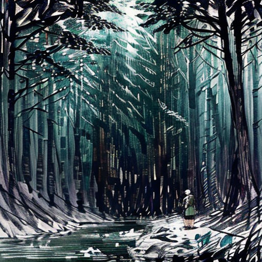 a painting of a person walking through a forest with a stream in the foreground and trees in the background