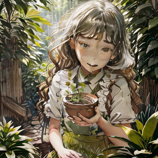 a painting of a girl holding a potted plant in her hands and looking at the camera with a surprised look on her face