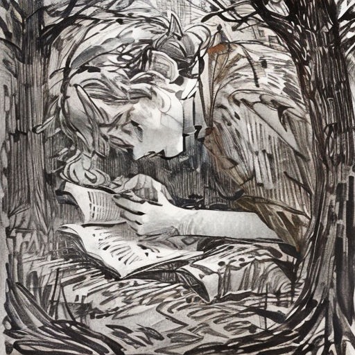 a drawing of a woman reading a book in a forest with trees and leaves around her, with a man reading a book