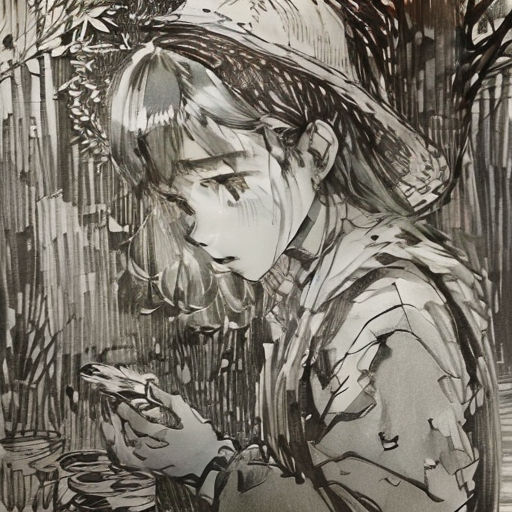 a drawing of a girl in a hat looking at her phone in a forest with trees and leaves behind her