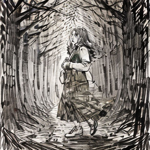 a drawing of a woman walking through a forest with trees and leaves on the ground, with a bird flying overhead