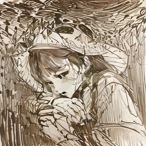 a drawing of a woman with a hat on her head and hands in her lap, with a tree in the background