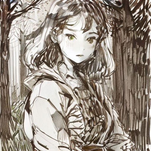 a drawing of a girl in a forest with a bird on her shoulder and a tree behind her, with a bird on her shoulder