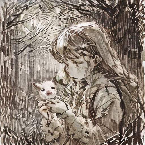 a woman holding a cat in a forest with trees in the background and a drawing of a woman holding a cat
