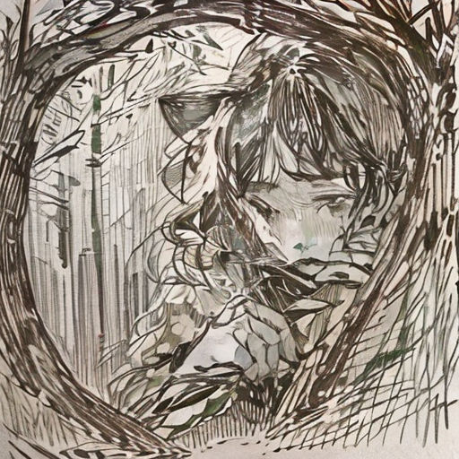 a drawing of a woman with a cat in a tree branch frame with a cityscape in the background