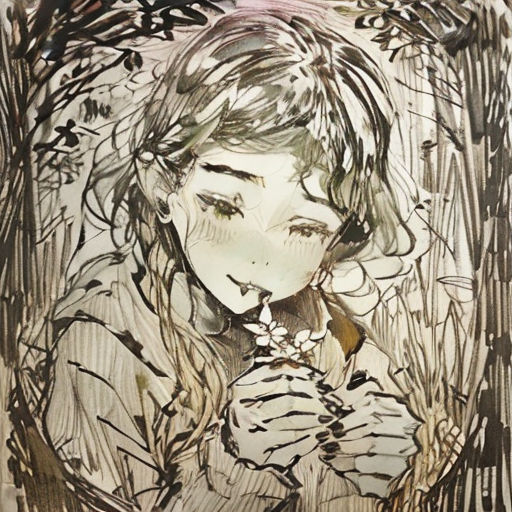 a drawing of a woman with a flower in her hand and a bird in her hand, with a background of leaves and branches