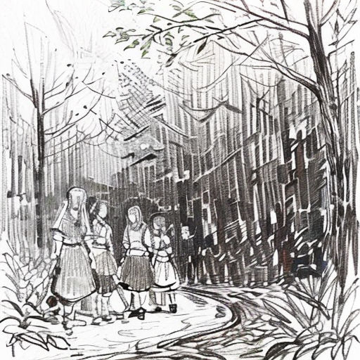 a drawing of three children walking down a street in the rain, with a tree in the background and a building in the background