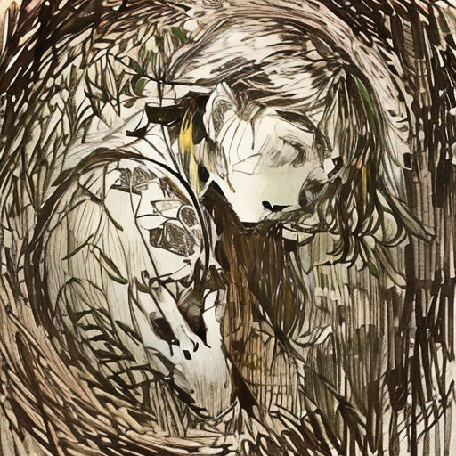 a drawing of a woman with her head in a tree branch circle with leaves on it, with a bird flying overhead