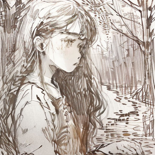 a drawing of a girl in a forest looking at a bird in her hand and a tree in the background