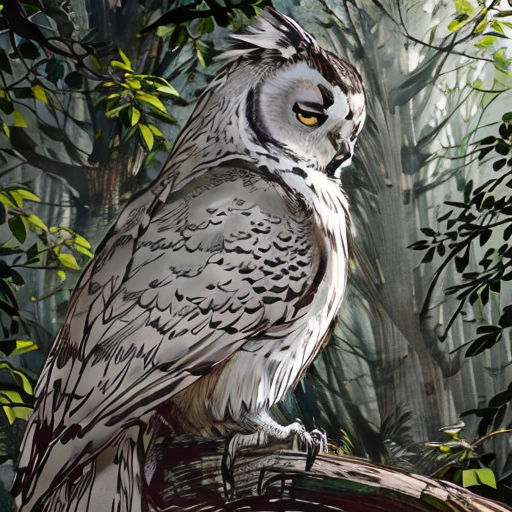 a painting of an owl sitting on a tree branch in a forest with trees and leaves in the background