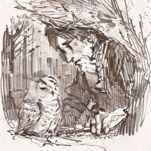 a drawing of two owls sitting in a tree branch with a building in the background and a bird in the foreground