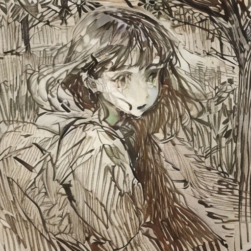 a drawing of a woman sitting in the woods with her head down and her hands on her chest,