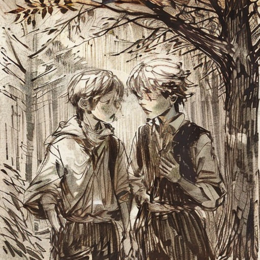 a drawing of two children standing next to each other in the woods, one of them is looking at the other