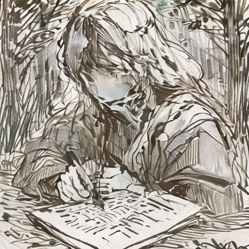 a drawing of a person sitting in a forest reading a book and writing something on a paper with a pen