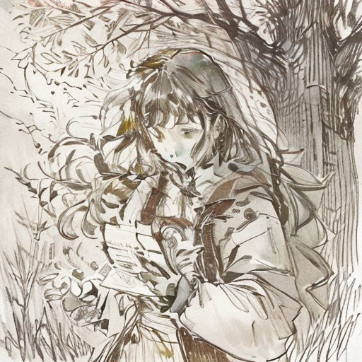a drawing of a girl in a coat standing in front of a tree with leaves on it and a bird flying overhead